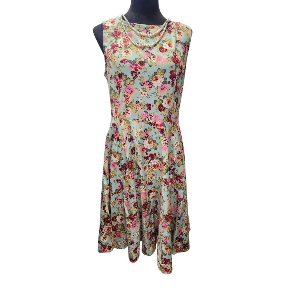 Anni Coco Woman's Floral Midi Dress XL Fit Flair Pin Up Garden Party Whimsical